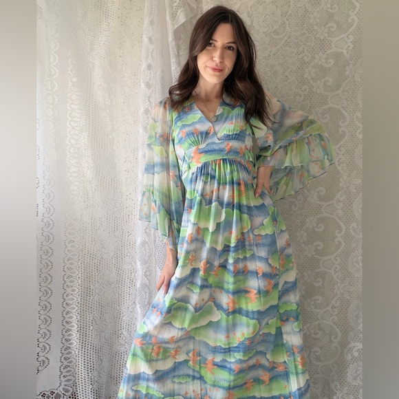 Vintage 70s Bird Print Cloudscape Maxi Dress Boho Flutter Sleeve Empire Waist - Picture 13 of 17